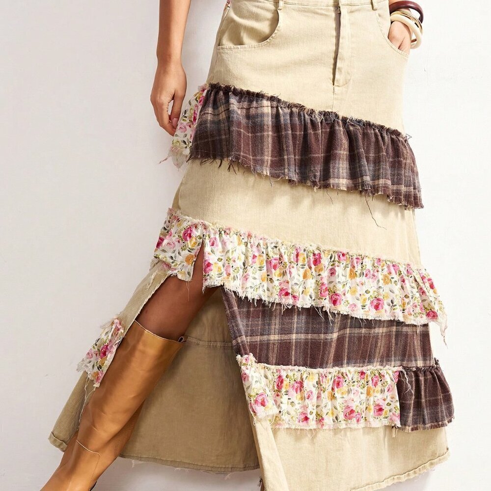 Khaki Boho Women's Country Vacation Casual Woven Patchwork Plaid Split Hem Skirt - Picture 4 of 7